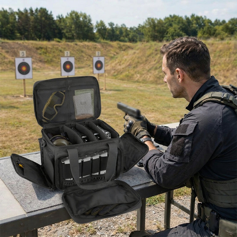 Tactical shoulder shooting bag, padded handgun case for range & hunting, lockable zipper, ammo pockets