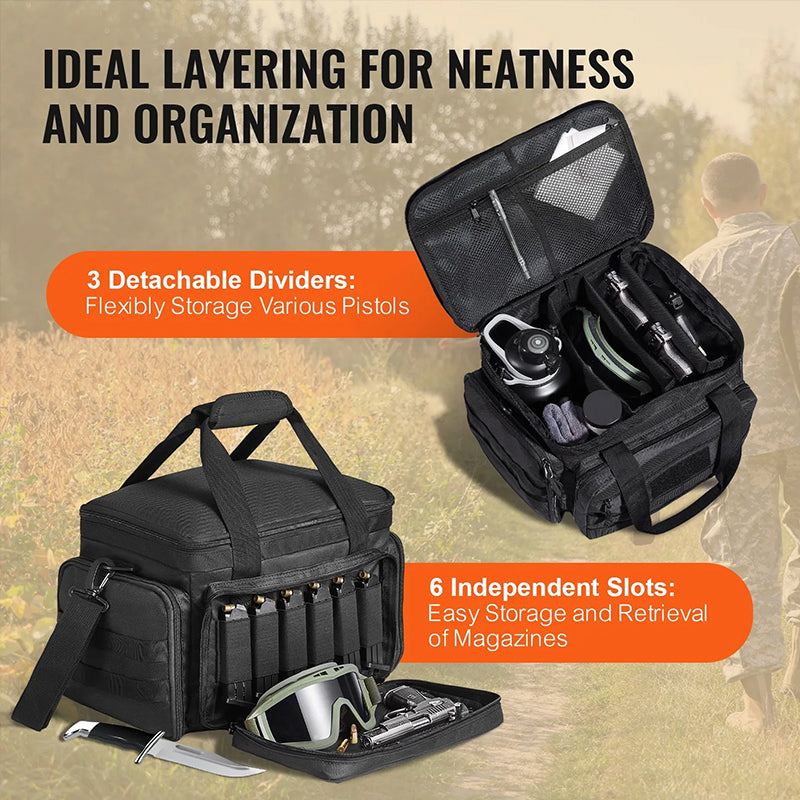 Tactical shoulder shooting bag, padded handgun case for range & hunting, lockable zipper, ammo pockets