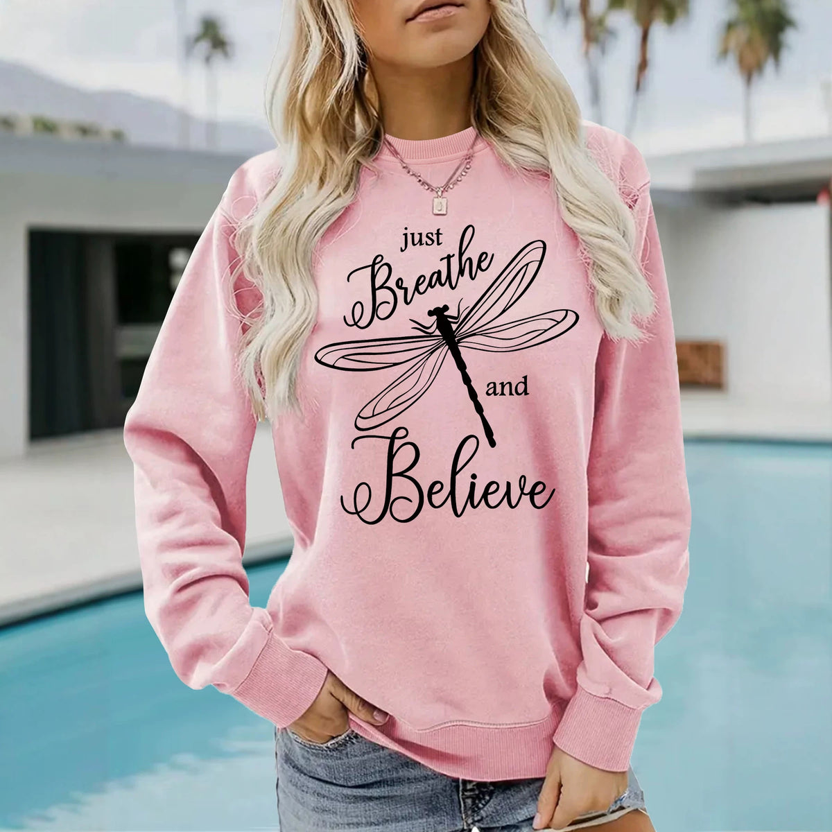 Letter dragonfly print round neck fleece hoodie