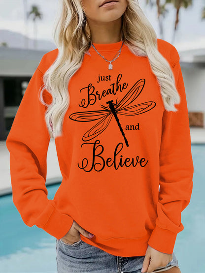 Letter dragonfly print round neck fleece hoodie
