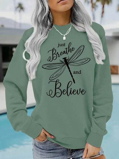 Letter dragonfly print round neck fleece hoodie