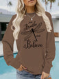 Letter dragonfly print round neck fleece hoodie