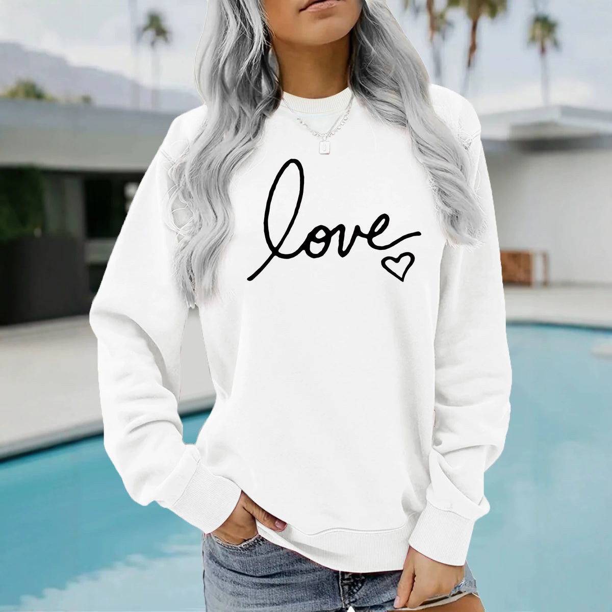 Letter printed round neck fleece hoodie