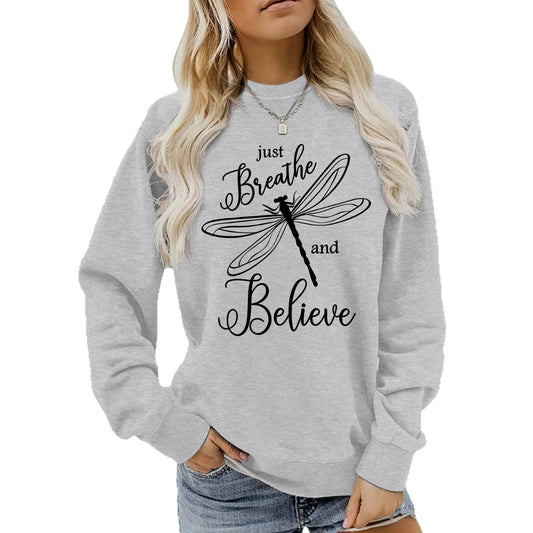 Letter dragonfly print round neck fleece hoodie