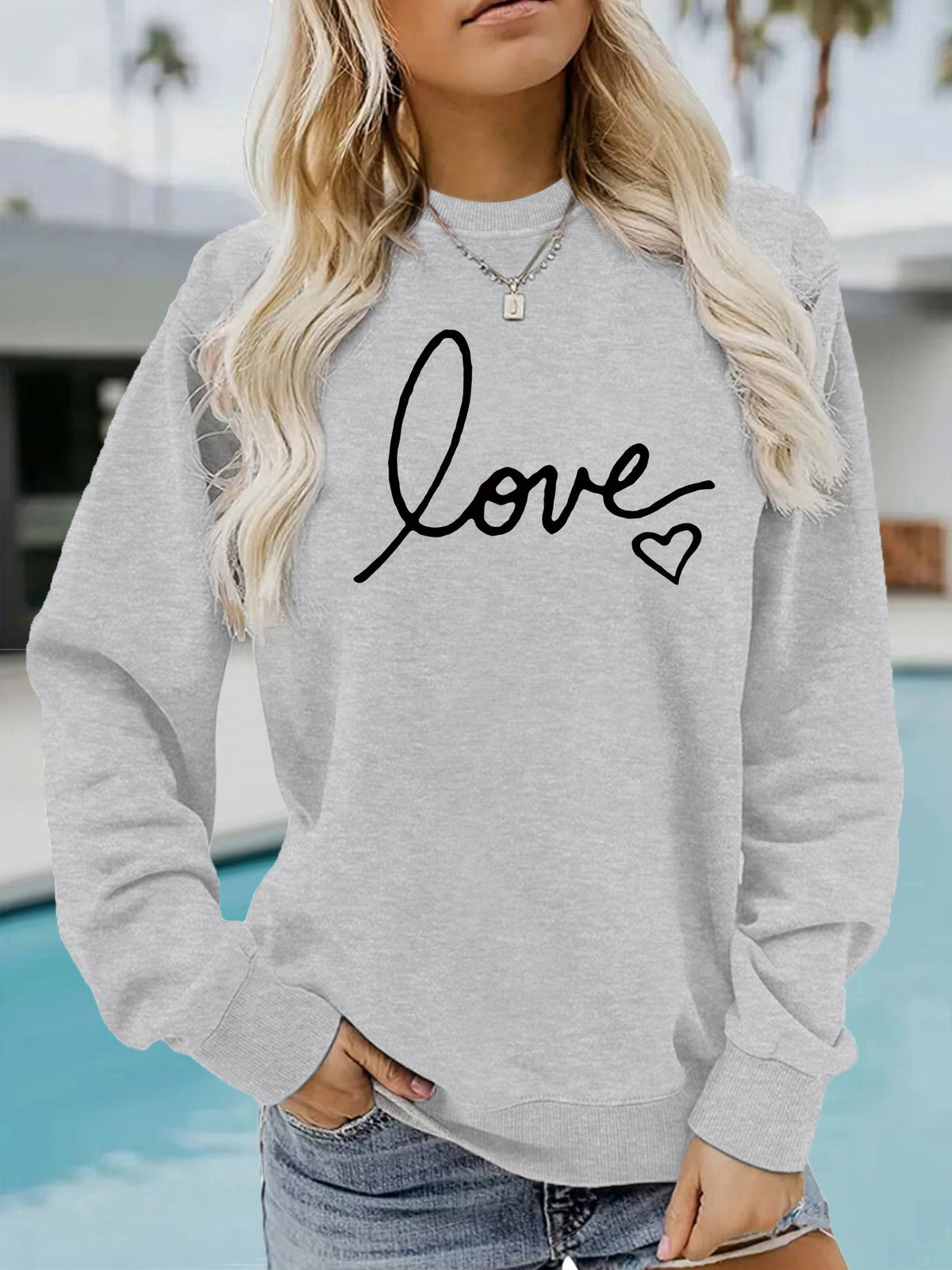 Letter printed round neck fleece hoodie