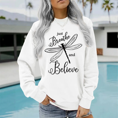 Letter dragonfly print round neck fleece hoodie