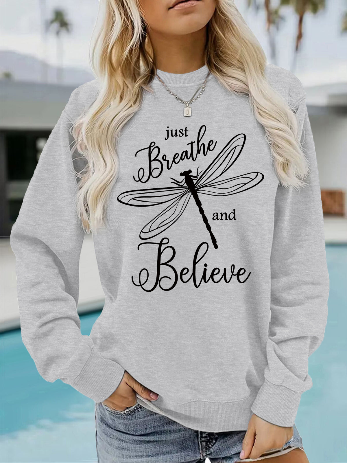Letter dragonfly print round neck fleece hoodie