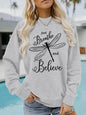 Letter dragonfly print round neck fleece hoodie