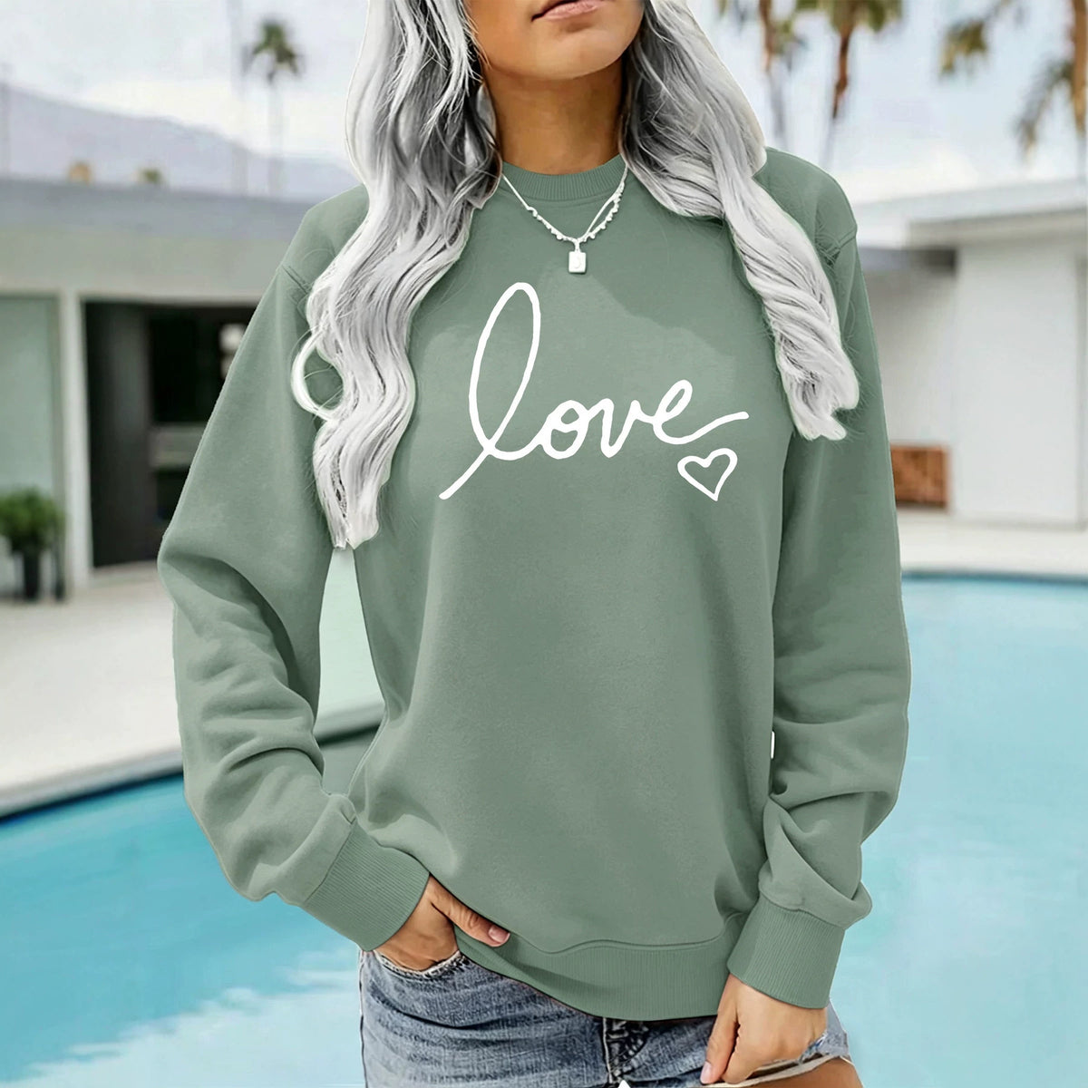 Letter printed round neck fleece hoodie