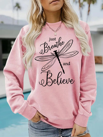 Letter dragonfly print round neck fleece hoodie