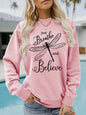 Letter dragonfly print round neck fleece hoodie