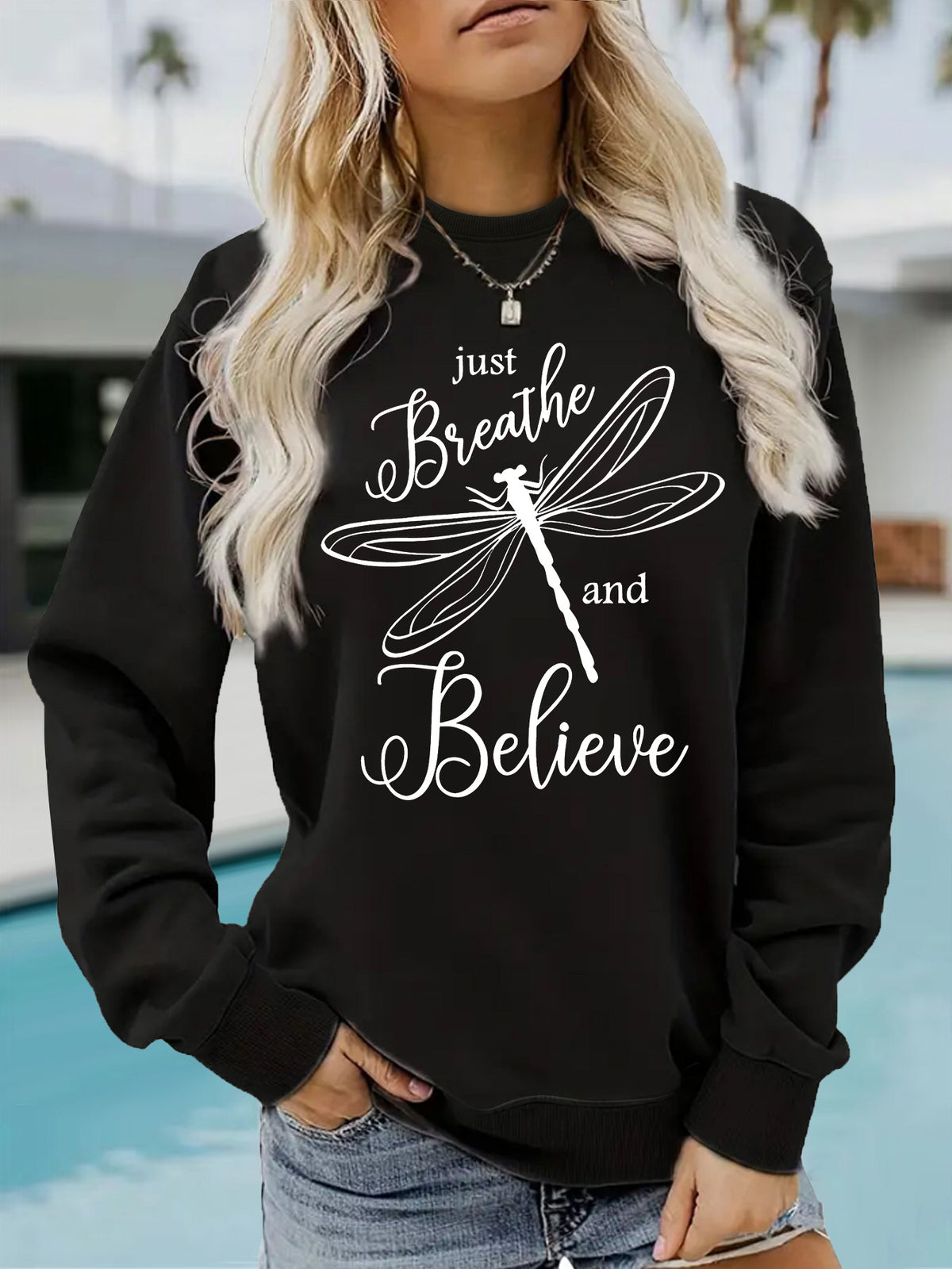 Letter dragonfly print round neck fleece hoodie