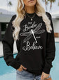 Letter dragonfly print round neck fleece hoodie