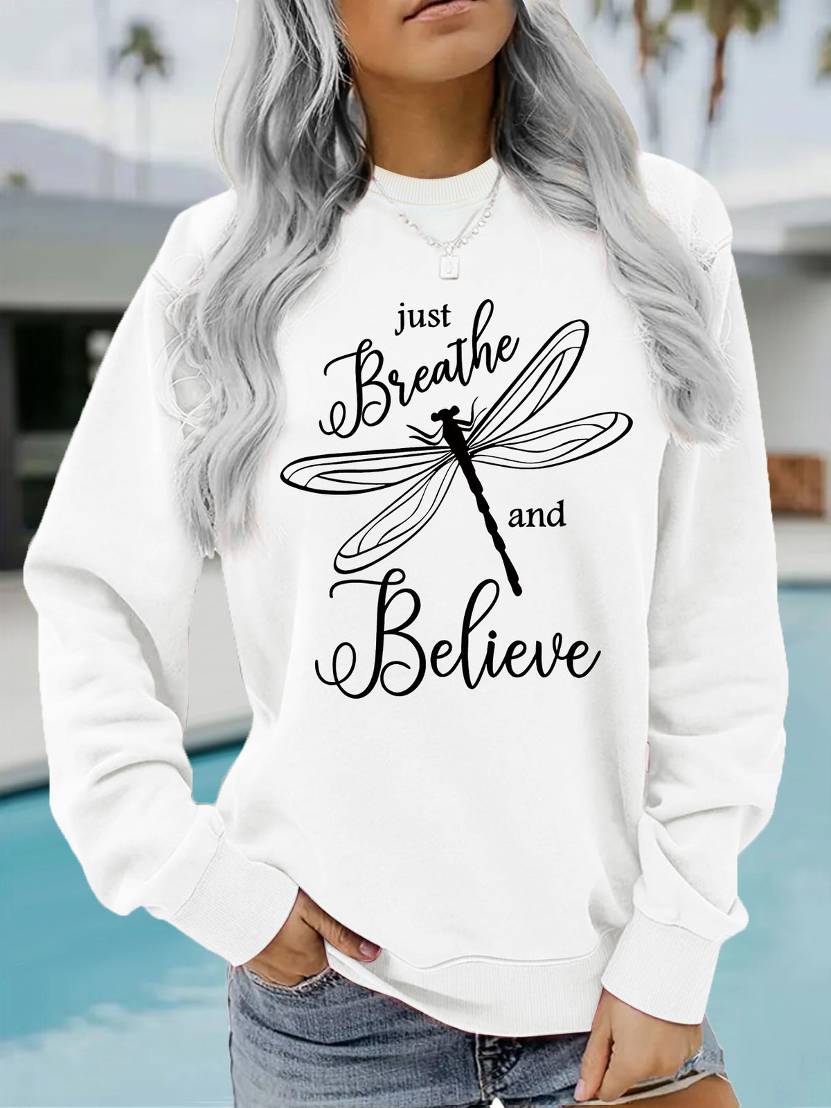 Letter dragonfly print round neck fleece hoodie