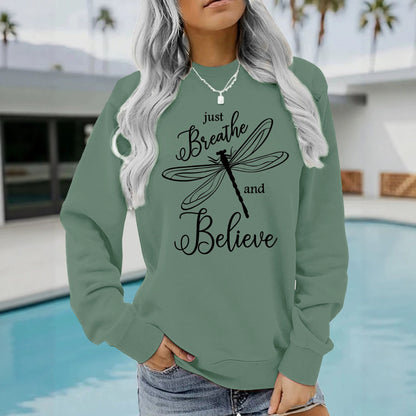 Letter dragonfly print round neck fleece hoodie